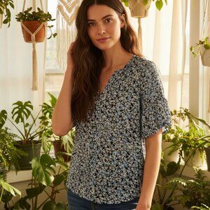Nordstrom Signature XS Silk Top Womens Blue Floral Bell Sleeve Coquette Cottage